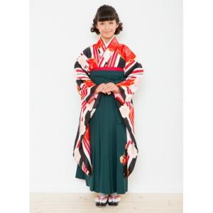 小学生　卒業袴着物４点セット　花ひめブランド　ジュニアサイズ　黒　紅白縞　緑刺繍袴　赤黄色両面帯　十三参りとしても御使用出来ます