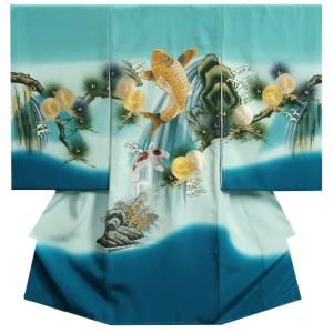 お宮参り 着物 男の子 絹100％ 正絹初着 濃淡水色青染め分け 総刺繍鯉の滝登り 金彩 手描き 変わり無地縮緬生地 日本製