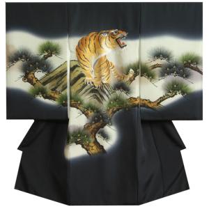 お宮参り 着物 男の子 赤ちゃん 絹100％ 正絹 男児初着 産着 紺地 虎 総刺繍使い 丹後産変わり無地縮緬生地 日本製