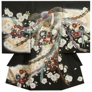 お宮参り 着物 男の子 赤ちゃん 絹100％ 正絹初着 黒地色 鳳凰 芍薬 刺繍金彩使い まだら地紋生地 日本製