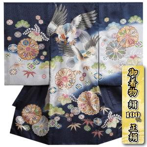 お宮参り 着物 男の子 絹100％ 正絹初着 産着 濃紺灰色染め分けぼかし 二羽鷹 刺繍使い 紗綾地紋生地 日本製