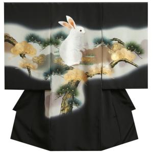お宮参り 着物 男の子 絹100％ 正絹初着 黒地色 総刺繍白兎 金彩松葉 変わり無地縮緬生地 日本製
