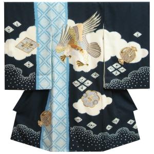 お宮参り着物 男の子 絹100％ 正絹男児初着 紺地水色染め分け 総刺繍鷹 本絞り 手染め 小松産紗綾地紋生地 日本製