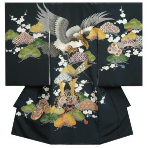 お宮参り 着物 男の子 絹100％ 正絹初着 紺色 手描き 手染め 浜ちりめん変わり三越生地 純国産糸使用 桐箱付き 日本製