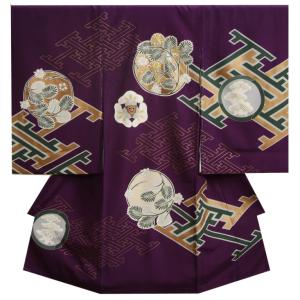 お宮参り 着物 男の子 絹100％ 正絹初着 産着 紫色 羊歯文様 金銀刺繍使い 変わり無地精華生地 日本製