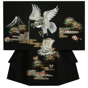 お宮参り 着物 男の子 絹100％ 正絹 赤ちゃん 初着 黒地 総刺繍鷹 金彩箔 手染め 丹後ちりめん生地 日本製