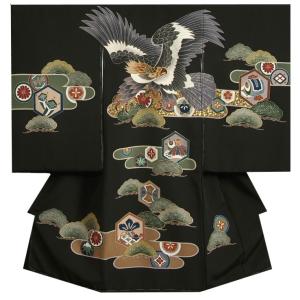 お宮参り 着物 男の子 絹100％ 正絹男児初着 黒 鷹 ヱ霞文様 手描き 手染め 浜ちりめん変わり三越織生地 桐箱付き 日本製