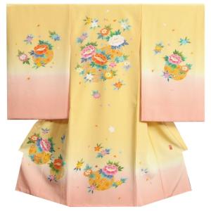 お宮参り着物 絹100％ 正絹女児初着 本加賀友禅 浜ちりめん生地 黄色ピンク染め分け 手染め 手描き 裏地や長襦袢もすべて正絹仕立て 日本製