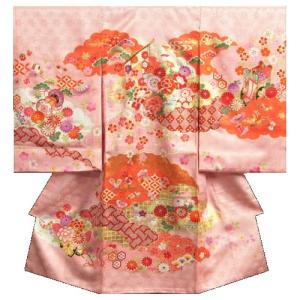 お宮参り 着物 女の子 赤ちゃん 正絹初着 桜色 橙雲取配色
