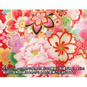 着物 正絹初着 鈴 お宮参り 赤 金刺繍使い 桜 サヤ華地紋生地 女の子 刺繍牡丹
