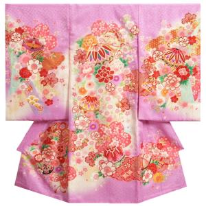 お宮参り 着物 女の子 絹100％ 正絹 女児初着 ラベンダーパープル まり 白水色ぼかし染め分け 金駒刺繍 桜地紋生地 日本製