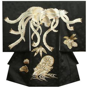 お宮参り 着物 男の子 絹100％ 正絹初着 黒地色 鳳凰 金彩友禅 菊桐菱紋生地 日本製