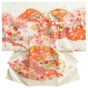  お宮参り 着物 女の子 正絹 女の子用産着 白色 橙雲取配色 几帳 刺繍使い 金彩 日本製 