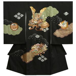 お宮参り 着物 男の子 絹100％ 正絹初着 黒地 総刺繍兜 本絞り 手染め 帯地矢羽根刺繍松 丹後産綸子紗綾地紋生地 日本製