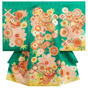 お宮参り 着物 女の子 絹100％ 正絹初着 緑色裾山吹染め分け まり 金彩 糊伏せ型友禅 金駒刺繍 本紗綾地紋生地 日本製