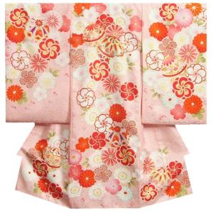 お宮参り 着物 女の子正絹初着 淡ピンク桜色 捻り梅 四季桜 まり 金駒刺繍 サヤ地紋 日本製｜doresukimono-kyoubi