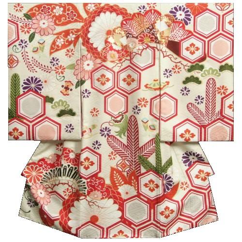 お宮参り 着物 女の子 絹100％ 正絹初着 オフホワイト 牡丹 松唐草文様 刺繍使い 金彩 地紋生...