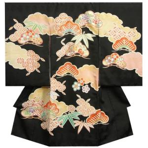 お宮参り着物 絹100％ 正絹女児初着 黒地 松竹梅 手描き 手染め 金コマ刺繍 サヤ型本地紋紋意匠生地 日本製