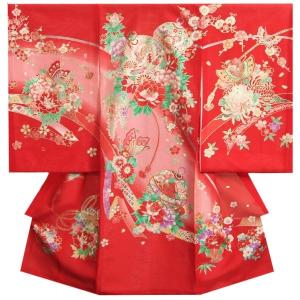 お宮参り 着物 夏用 女の子 正絹 赤色 鈴 蝶 牡丹菊 絽生地