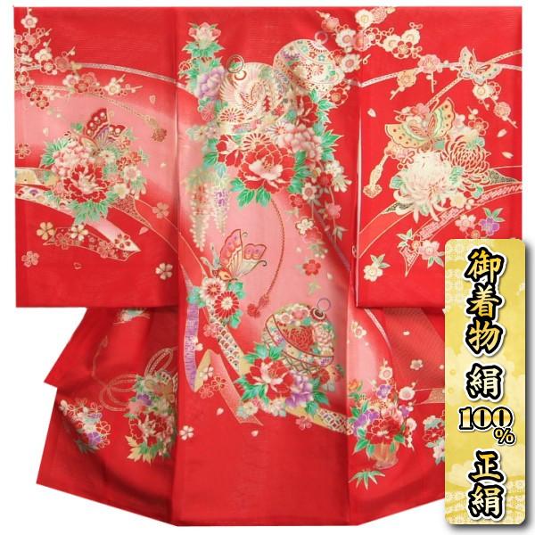 お宮参り 着物 夏用 女の子 正絹 赤色 鈴 蝶 牡丹菊 絽生地