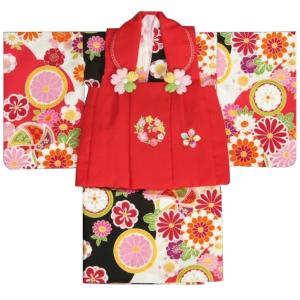 ベビー着物　赤ちゃん用女の子着物　白黒濃ピンク三色ボカシ着物　赤色被布　二部式仕様の楽々着せ付けタイプ