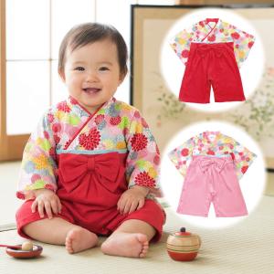 ベビー ロンパース 袴スタイル 菊柄 赤色配色 濃ピンク配色 全開タイプカバーオール 初節句 60 70 80 90