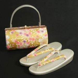 草履バックセット　振袖　訪問着　ゴールドシルバー切替　桜柄　一枚芯　Lサイズ　丸型バック　日本製