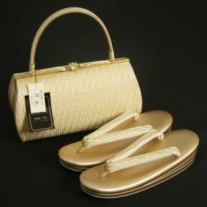 草履バックセット　振袖　訪問着　留袖　紗織ブランド　ゴールド　有職縦縞文様　西陣織生地使用　三枚芯　LLサイズ　パールトーン加工　日本製