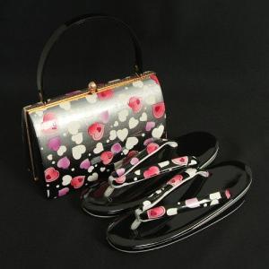 草履バックセット　振袖　訪問着　黒　シルバーぼかし　ハート柄　二枚芯　フリーサイズ　日本製