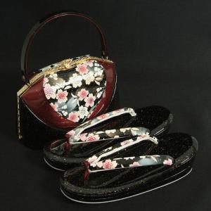 草履バックセット　振袖　訪問着　黒エンジ切替　桜柄　二枚芯　 ＬＬサイズ　日本製