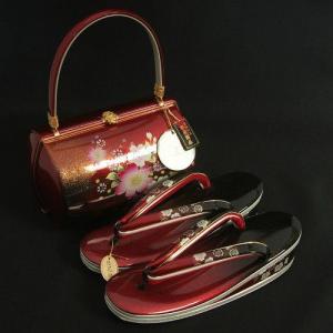 草履バックセット　振袖　訪問着　赤黒濃淡切替　桜柄　華三彩ブランド　本皮製品　三枚芯　LLサイズ　日本製
