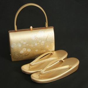 草履バックセット　振袖　訪問着　留袖　ゴールド　桜　扇面地紙柄　一枚芯　フリーサイズ　日本製