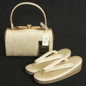 草履バッグセット　振袖　訪問着　留袖　紗織ブランド　パールゴールド　菱紋友禅文様　帯地使い　三枚芯　Lサイズ　パールトーン加工　日本製