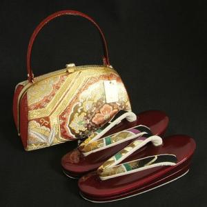 草履バックセット　西陣織正絹帯地仕様　振袖　訪問着　留袖　エンジ　ゴールド　有職文様　二枚芯　Sサイズ　日本製　