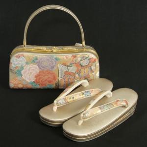 草履バックセット　振袖　訪問着　正絹　長嶋成織物生地使用　ゴールド　御所車　牡丹　三枚芯　フリーサイズ　日本製