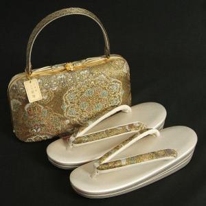 草履バックセット　西陣織正絹帯地仕様　振袖　訪問着　留袖　シルバーゴールド　黒　有職文様　三枚芯　LLサイズ　日本製