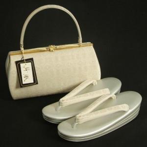 草履バックセット　振袖　訪問着　留袖　紗織ブランド　シルバー　ゴールド　有職菱文様　西陣織生地使用　三枚芯　LLサイズ　パールトーン加工　日本製