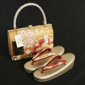 草履バックセット　西陣織正絹帯地仕様　紗織ブランド　振袖　訪問着　留袖　ゴールド　桜　三枚芯　Sサイズ　日本製