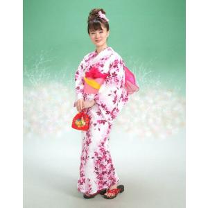 浴衣　リョウコキクチブランドゆかた5点セット　しだれ桜　白　浴衣に帯、下駄、きんちゃく、兵児帯までついたセットです　綿紅梅　アウトレット商品　