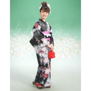 浴衣　HLブランドゆかた5点セット　薔薇柄　黒白　浴衣に帯、下駄、きんちゃく、兵児帯までついたセットです　綿紅梅　アウトレット商品