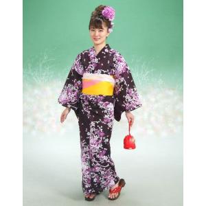 浴衣　リョウコキクチブランドゆかた5点セット　乱菊柄　黒紫　浴衣に帯、下駄、きんちゃく、兵児帯までついたセットです　綿紅梅　アウトレット商品