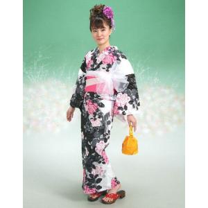 浴衣　HLブランドゆかた5点セット　薔薇柄　黒白　浴衣に帯、下駄、きんちゃく、兵児帯までついたセットです　綿紅梅　アウトレット商品