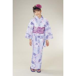 浴衣　ジュニアサイズ　リョウコキクチブランドゆかた６点セット　パープル　浴衣に結び帯、下駄、縫い付け済み腰紐までついたセットです　130cm
