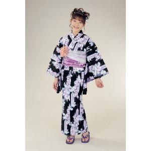 浴衣　ジュニアサイズ　リョウコキクチブランドゆかた６点セット　黒紫　浴衣に結び帯、下駄、腰紐までついたセットです　150cm