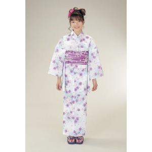 浴衣　ジュニアサイズ　リョウコキクチブランドゆかた６点セット　白水色　浴衣に結び帯、下駄、縫い付け済み腰紐までついたセットです　130cm