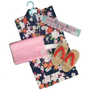 浴衣　女の子　キッズサイズ　かわいいなブランドゆかた３点セット　紺色　桜柄　綿紅梅生地　100cm　110cm　120cm　130cm