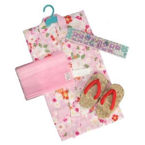 浴衣　女の子　キッズサイズ　かわいいなブランドゆかた３点セット　ピンク　桜柄　綿紅梅生地　100cm　110cm　120cm　130cm