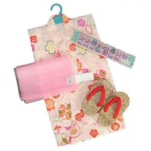 浴衣　女の子　キッズサイズ　かわいいなブランドゆかた３点セット　ベージュ　麻の葉柄　綿紅梅生地　100cm　110cm　120cm　130cm