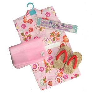 浴衣　女の子　キッズサイズ　かわいいなブランドゆかた３点セット　ピンク　麻の葉柄　綿紅梅生地　100cm　110cm　120cm　130cm