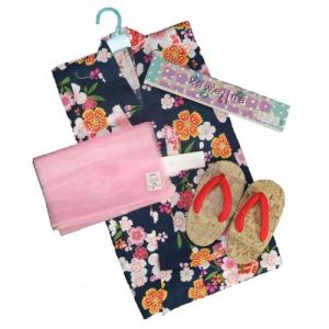 浴衣　女の子　キッズサイズ　かわいいなブランドゆかた３点セット　紺色　撫子柄　綿紅梅生地　100cm　110cm　120cm　130cm